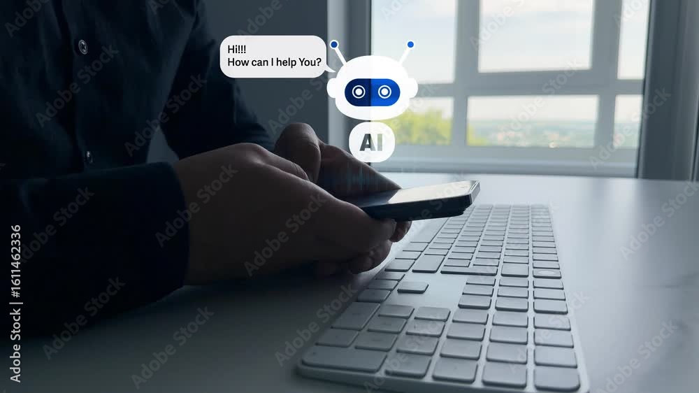 Poster Customer person using chat service to get support.Online support Chatbot conversation.Virtual assistant, artificial intelligence Bot and CRM software automation technology. Chatgpt Chat with AI.