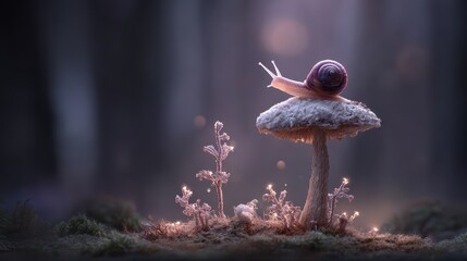 Obraz premium Racing Snail on Mushroom in Enchanted Forest Scene at Dusk
