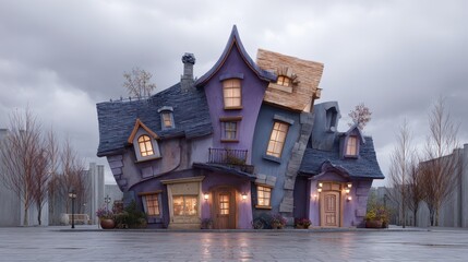 Obraz premium Quirky House with Distorted Perspective in a Gloomy Setting