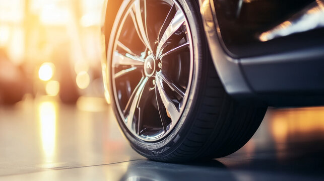 Close-up of a new car wheel tire with reflections on a showroom floor. Bright sunlight illuminates the sleek vehicle.