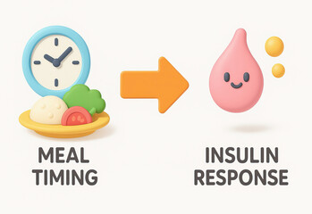 Meal timing concept with clock and food plate leading to insulin response symbolized by smiling drop, illustrating relationship between eating schedule and insulin activity