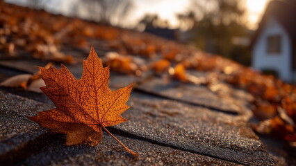 Brown fallen leaves covering the roof during the autumn season.