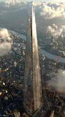Tall Modern Skyscraper Towering Above Cityscape with Cloudy Sky and River in the Background