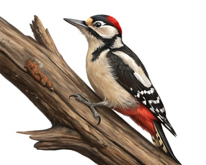 Naklejka premium Vibrant woodpecker with striking red crown perches on weathered tree branch searching for insects