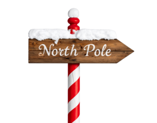Classic North Pole Signpost with Red and White Striped Pole, isolated on a transparent background.