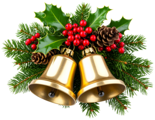 Cluster of Colorful Sleigh Bells with Festive Greenery, isolated on a transparent background.