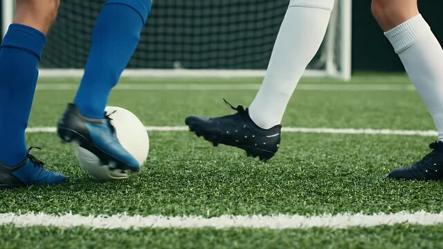 Dynamic close-up of soccer players feet clashing over the ball on a green field during an intense football match or training session capturing competitive actio