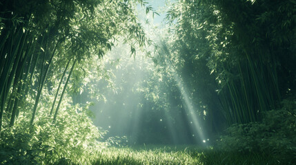 Obraz premium Sunlight streams through a dense bamboo grove.