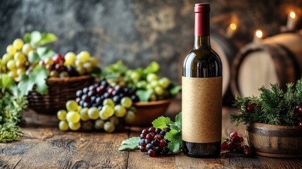 Obraz premium Kraft wine bottle sleeve mockup standing upright with clean folds and rustic lighting on wooden table