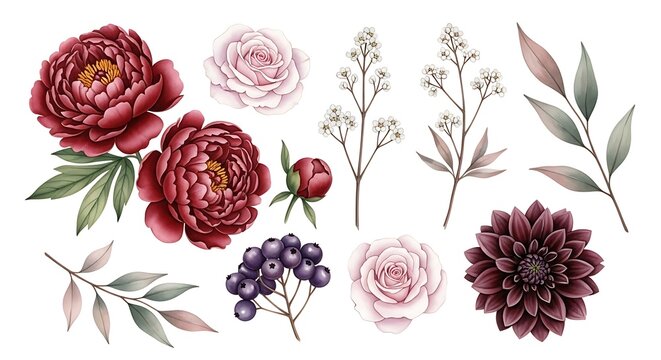 Beautiful watercolor floral elements collection with peonies roses and berries isolated on transparent background