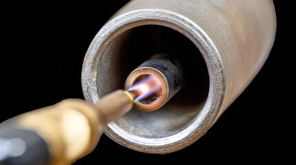 Close-Up View of a Propane Torch Flame Igniting in a Metal Nozzle on a Dark Background