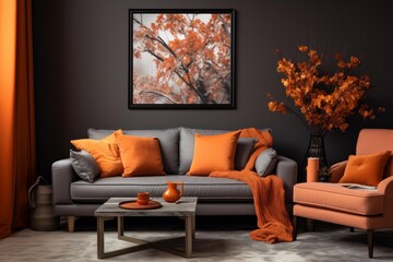 Stylish living room with gray sofa, orange pillows, blanket, armchair, and autumn themed decorations, creating a cozy and inviting atmosphere