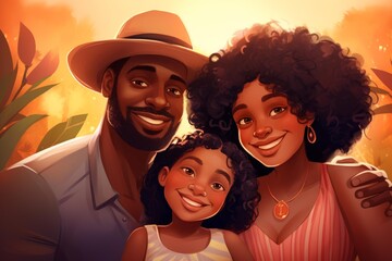 Smiling black family posing for a portrait outdoors in warm sunlight