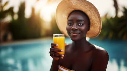 Beautiful woman in sunhat enjoying fresh orange juice by swimming pool on sunny summer day. Tropical vacation lifestyle with refreshing healthy drink and relaxation.