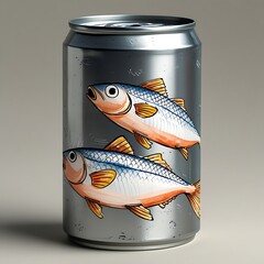 Two fish depicted on a metallic can.