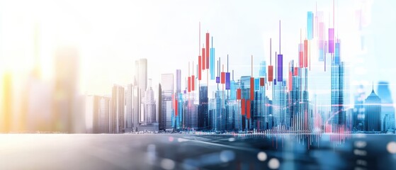 A futuristic city skyline overlaid with dynamic stock market charts and data visualizations, symbolizing financial growth and urban development.