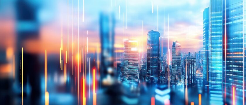 A futuristic cityscape at sunset with glowing skyscrapers and vertical light streaks creating a vibrant, high-tech atmosphere.