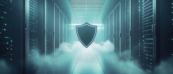A digital shield icon protecting data servers in a high-tech, cloud-filled server room, symbolizing cybersecurity and data protection.
