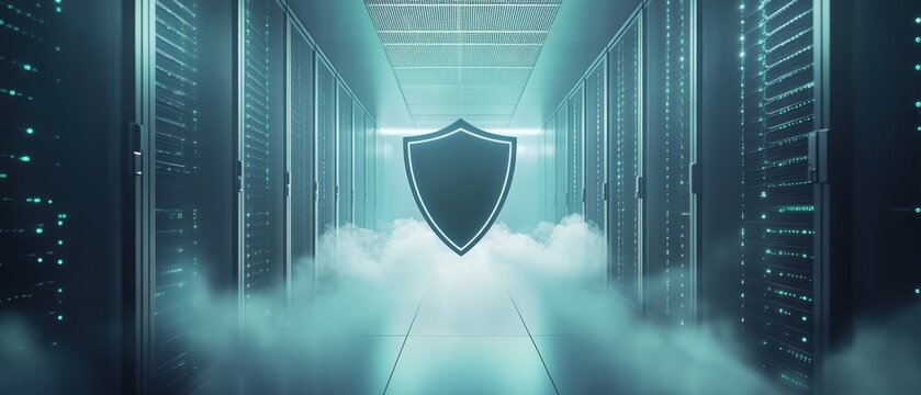 A digital shield icon protecting data servers in a high-tech, cloud-filled server room, symbolizing cybersecurity and data protection.