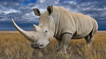 Obraz premium Imposing White Rhinoceros Stands Majestically in Grassy Field Under Dramatic Cloudy Sky