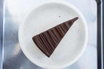 A piece of chocolate cake. Top view