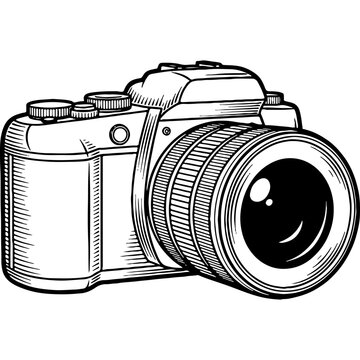 Vintage black and white camera illustration, detailed retro photo camera drawing, classic photography equipment icon, line art