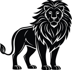 Majestic black silhouette of a powerful male lion standing proudly with a full mane against a clean white background symbolizing strength and royalty