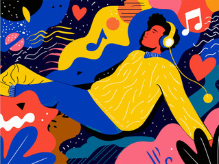 Happy Person Enjoying Music with Headphones Abstract Background