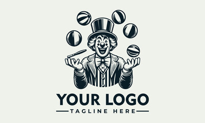 A jovial circus clown logo, juggling balls and a wand, wearing a top hat and tails.
