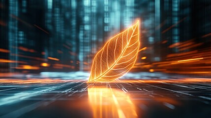 A glowing digital leaf floats above a futuristic, circuit-like surface with blue and orange light trails in a high-tech environment.