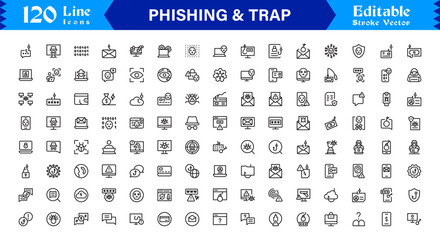 Phishing Security Cybercrime: Professional Line Icon Set with Modern Minimal Trap, Scam, and Hacker Symbols