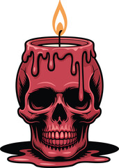 Skull Candle Vector Illustration A Macabre Skull Shaped Candle with Dripping Wax and a Burning Flame on Transparent Background