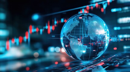 A transparent globe with a digital world map is set against a background of financial charts, symbolizing global finance and market data analysis.