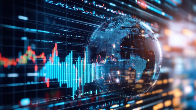 A digital globe surrounded by data visualizations and charts representing global financial markets and technology trends.