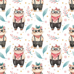 seamless watercolor pattern cat on white background