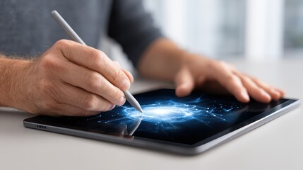 Fototapeta premium A person uses a stylus to interact with a tablet displaying a futuristic digital network interface.