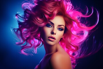 Fototapeta premium Beautiful woman with vibrant pink hair, showcasing a stylish and voluminous curly hairstyle