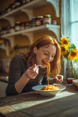 Joyful Woman Enjoying Spaghetti in Cozy Kitchen, Sunlight Streaming Through Windows with Sunflowers
