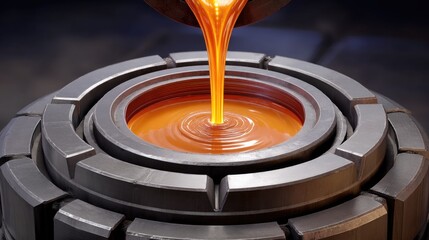 Molten metal pouring from ladle into metallic mold showcasing industrial foundry process and craftsmanship