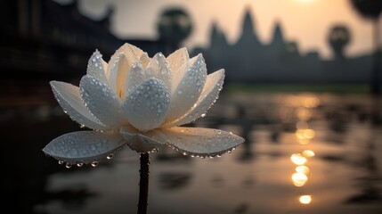 A white lotus flower blooms at sunrise near Cambodian temple ruins. A concept photo capturing the tranquil beauty of a sunrise in Southeast Asia.