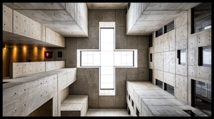 Unique Architectural Design from Below Featuring Concrete Walls and Open Sky Light in Modern Building