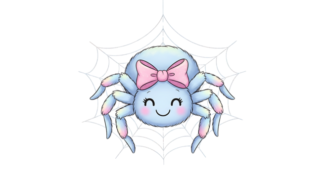 Cute Cartoon Spider with Pink Bow Sitting in Web on Transparent Background