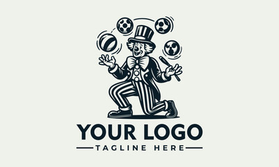 A jovial clown, in a top hat and striped suit, skillfully juggles various sports balls and a baton.