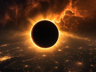 Obraz premium A vivid depiction of a solar eclipse over a city at night.