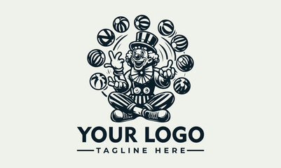 A vintage illustration of a clown juggling multiple striped balls, logo design.