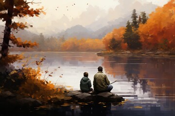 Father and son enjoying a peaceful moment fishing together on a tranquil lake surrounded by colorful autumn foliage