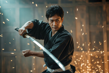 Dynamic Martial Artist Executing a Powerful Sword Technique Amidst Sparks in a Traditional Dojo Setting