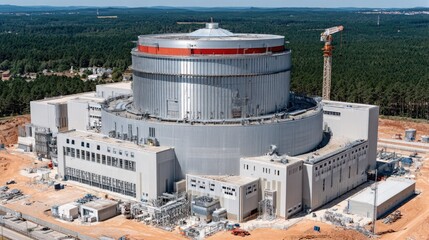 Modern Nuclear Power Plant Under Construction Surrounded by Lush Green Forest and Clear Blue Sky