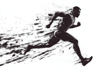 A powerful black and white image of a running athlete in motion.