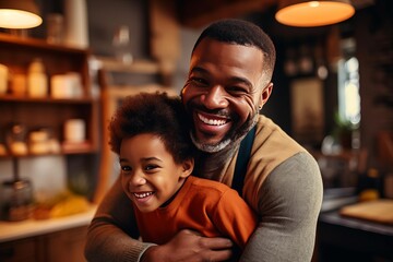Happy african american father embracing son in kitchen
